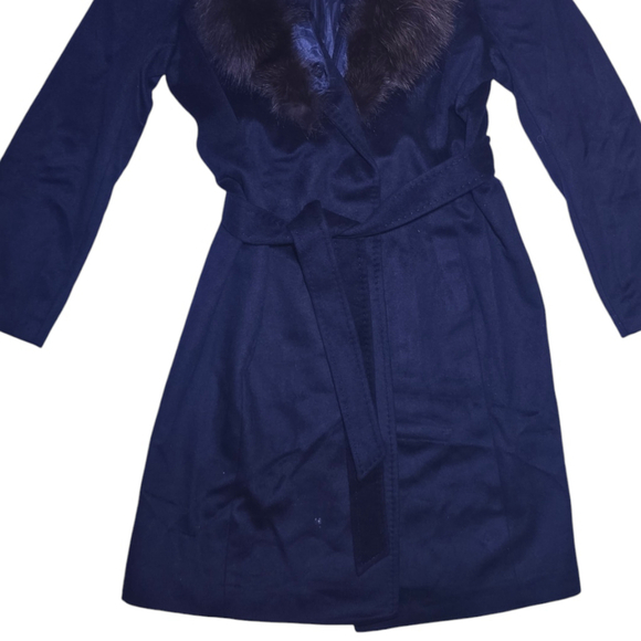 Women's Ellen Tracy Wool Coat, Size 14, Navy Faux Fur, Long, Belt - Picture 2 of 10
